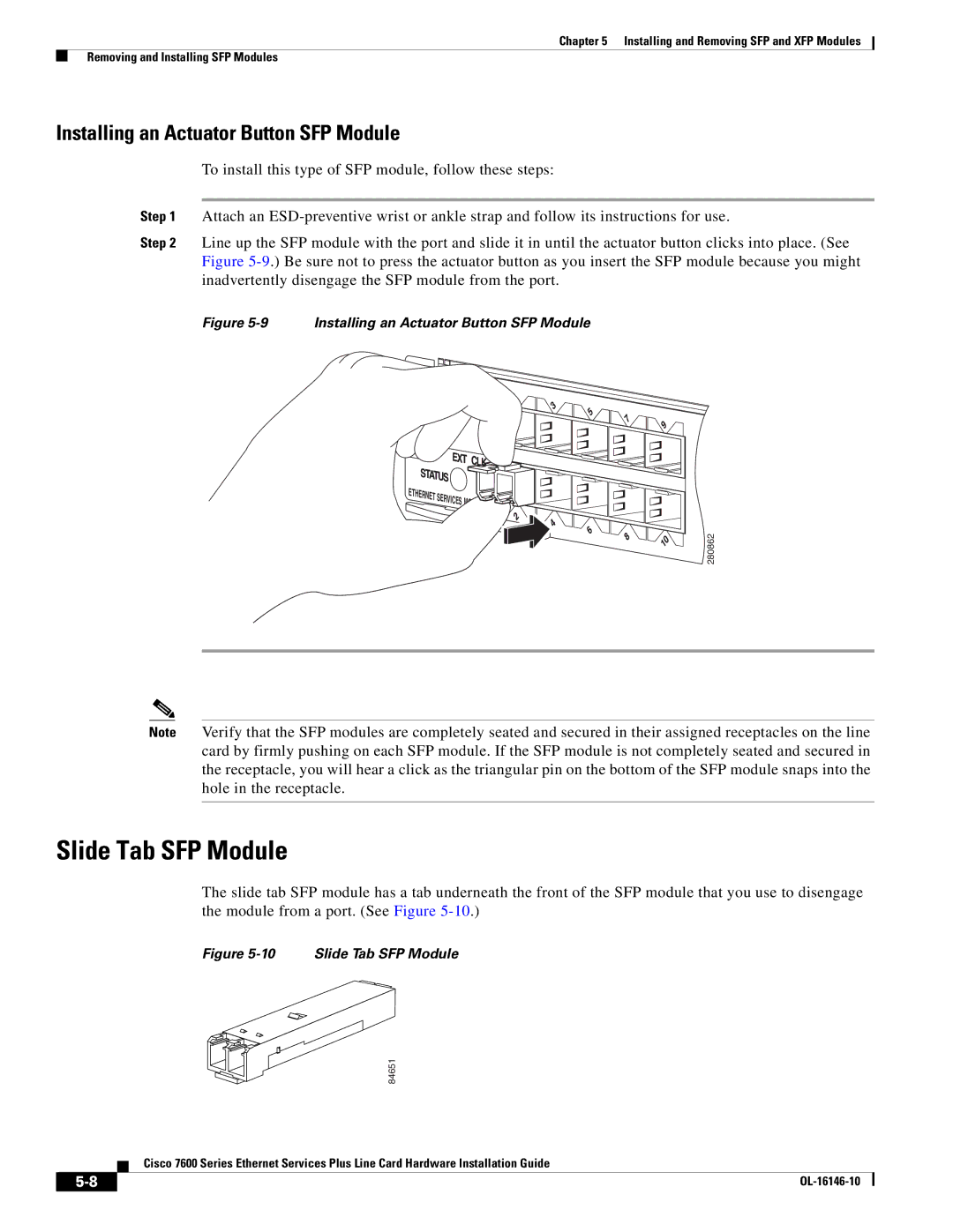 Cisco Systems OL-16146-10 manual Slide Tab SFP Module, Installing an Actuator Button SFP Module 
