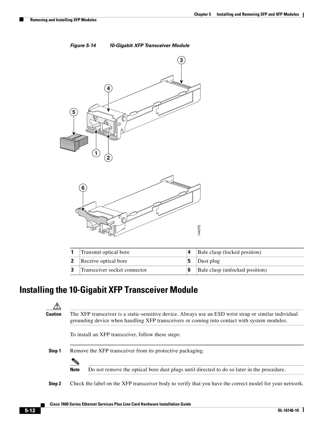 Cisco Systems OL-16146-10 manual Installing the 10-Gigabit XFP Transceiver Module, 14 10-Gigabit XFP Transceiver Module 