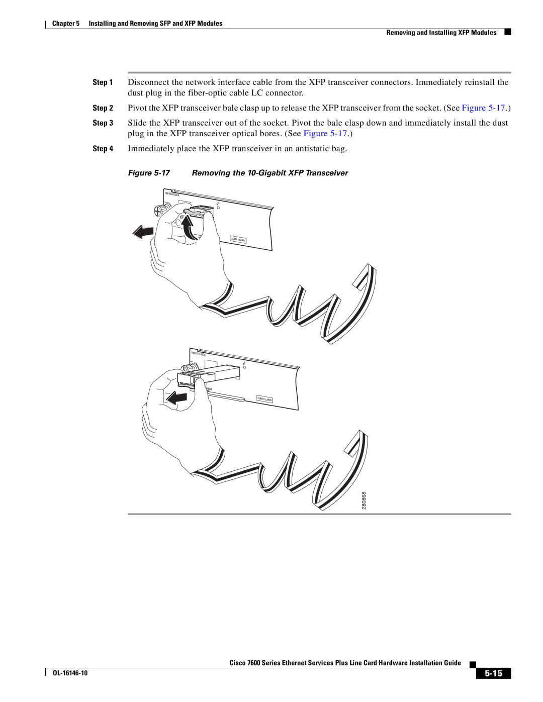 Cisco Systems OL-16146-10 manual Removing the 10-Gigabit XFP Transceiver 