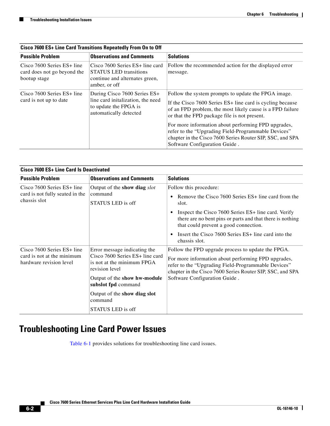 Cisco Systems OL-16146-10 Troubleshooting Line Card Power Issues, 1provides solutions for troubleshooting line card issues 