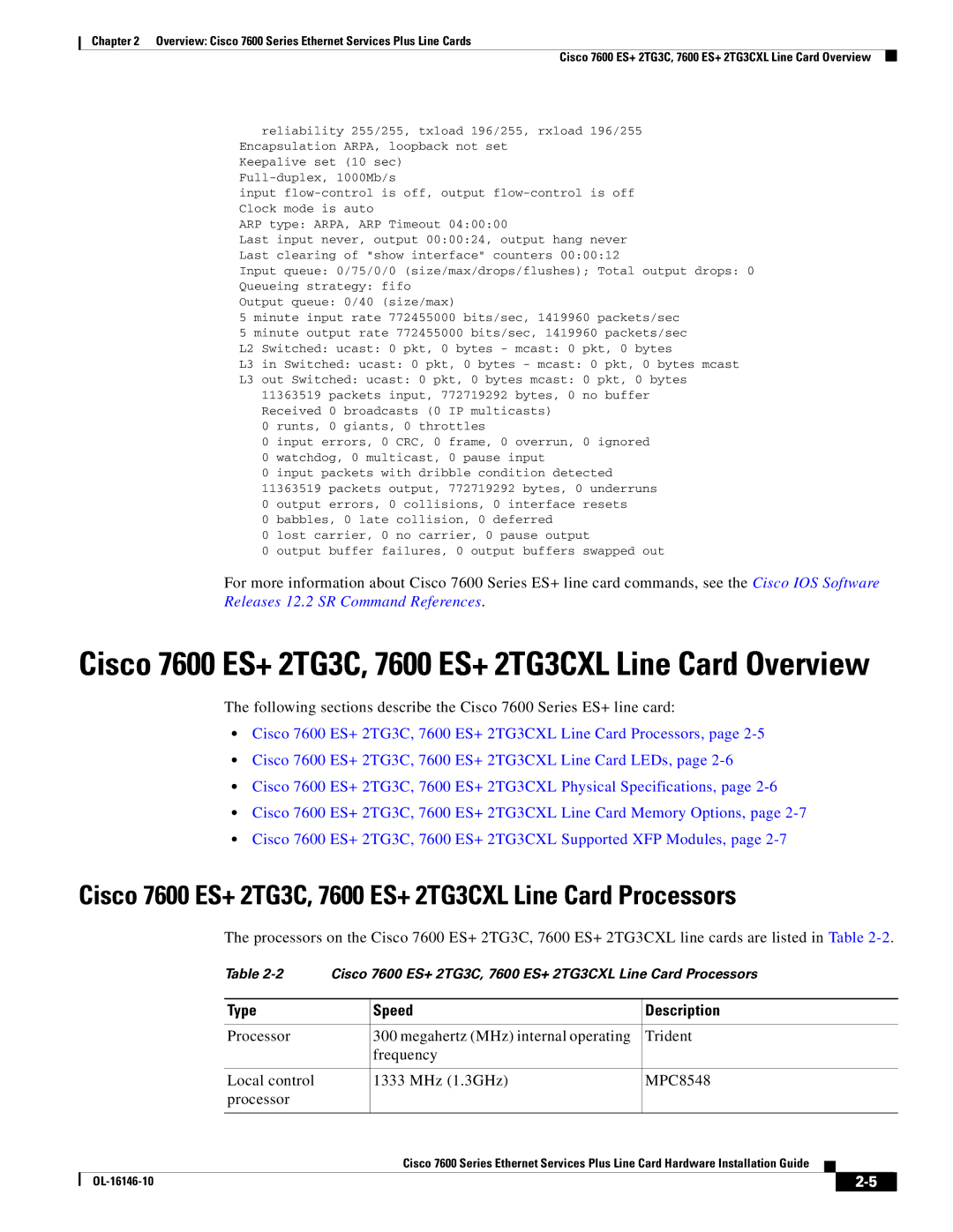 Cisco Systems OL-16146-10 manual Cisco 7600 ES+ 2TG3C, 7600 ES+ 2TG3CXL Line Card Processors, Type Speed Description 