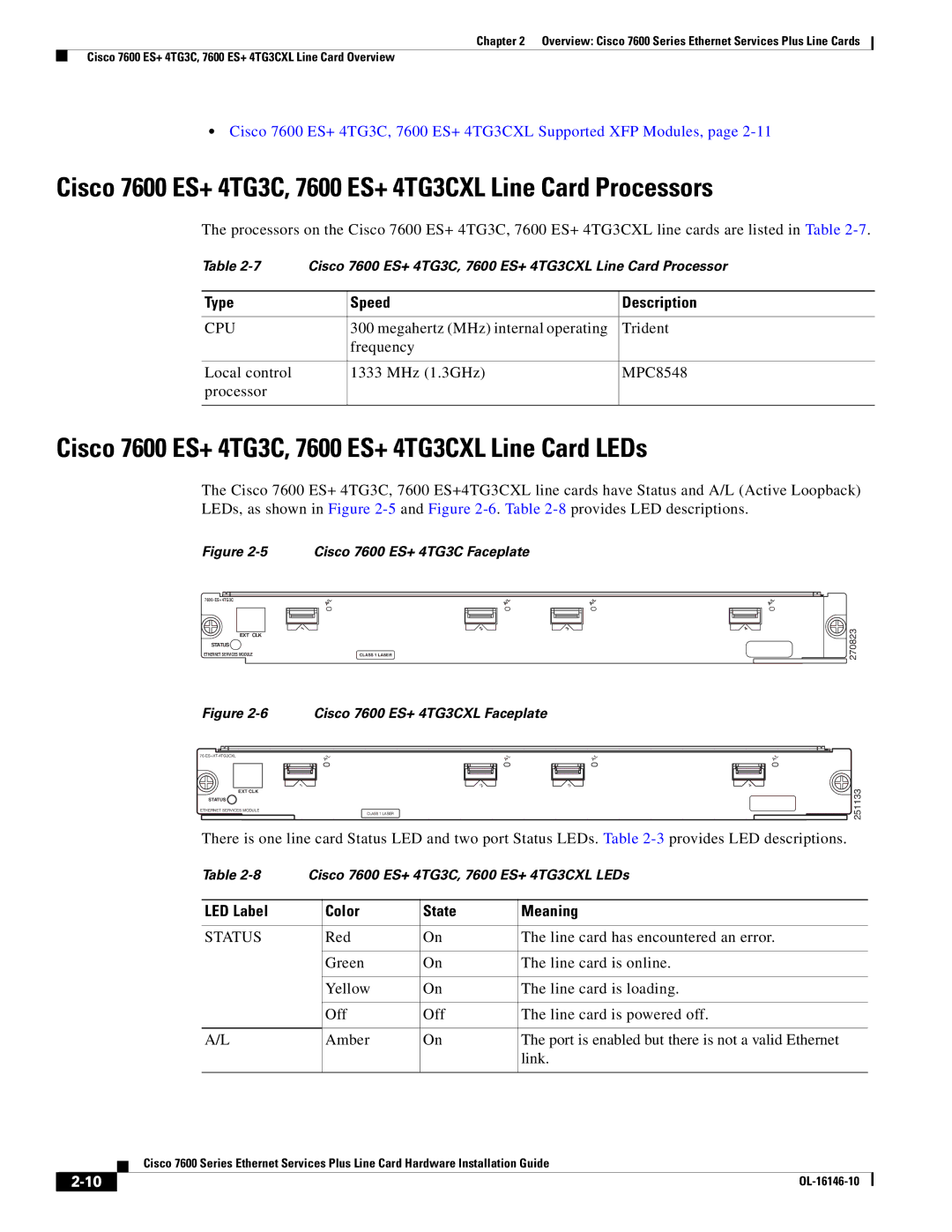 Cisco Systems OL-16146-10 manual Cisco 7600 ES+ 4TG3C, 7600 ES+ 4TG3CXL Line Card Processors 