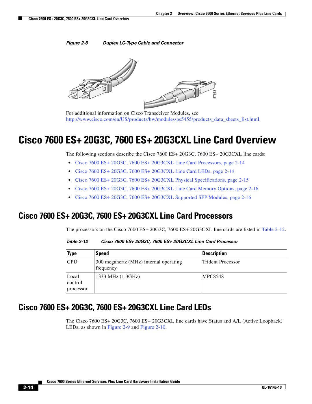 Cisco Systems OL-16146-10 manual Cisco 7600 ES+ 20G3C, 7600 ES+ 20G3CXL Line Card Processors 