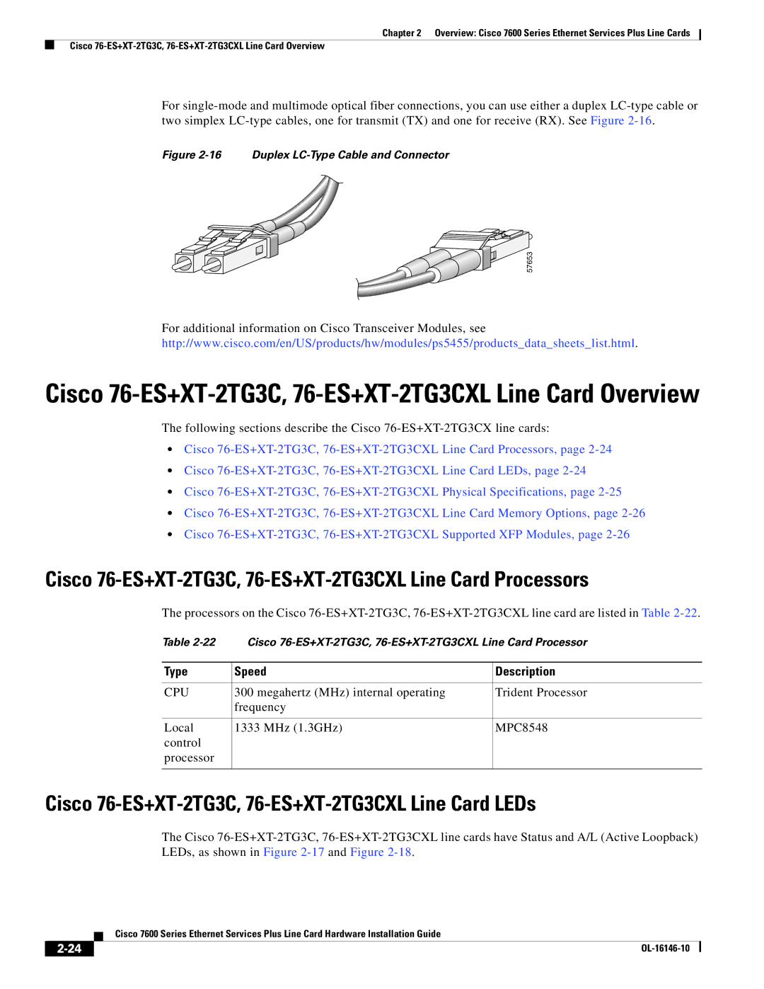 Cisco Systems OL-16146-10 manual Cisco 76-ES+XT-2TG3C, 76-ES+XT-2TG3CXL Line Card Processors 