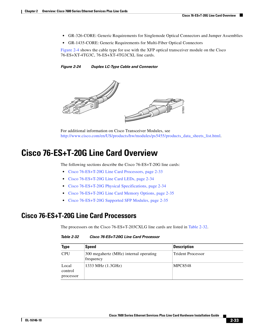 Cisco Systems OL-16146-10 manual Cisco 76-ES+T-20G Line Card Overview, Cisco 76-ES+T-20G Line Card Processors 