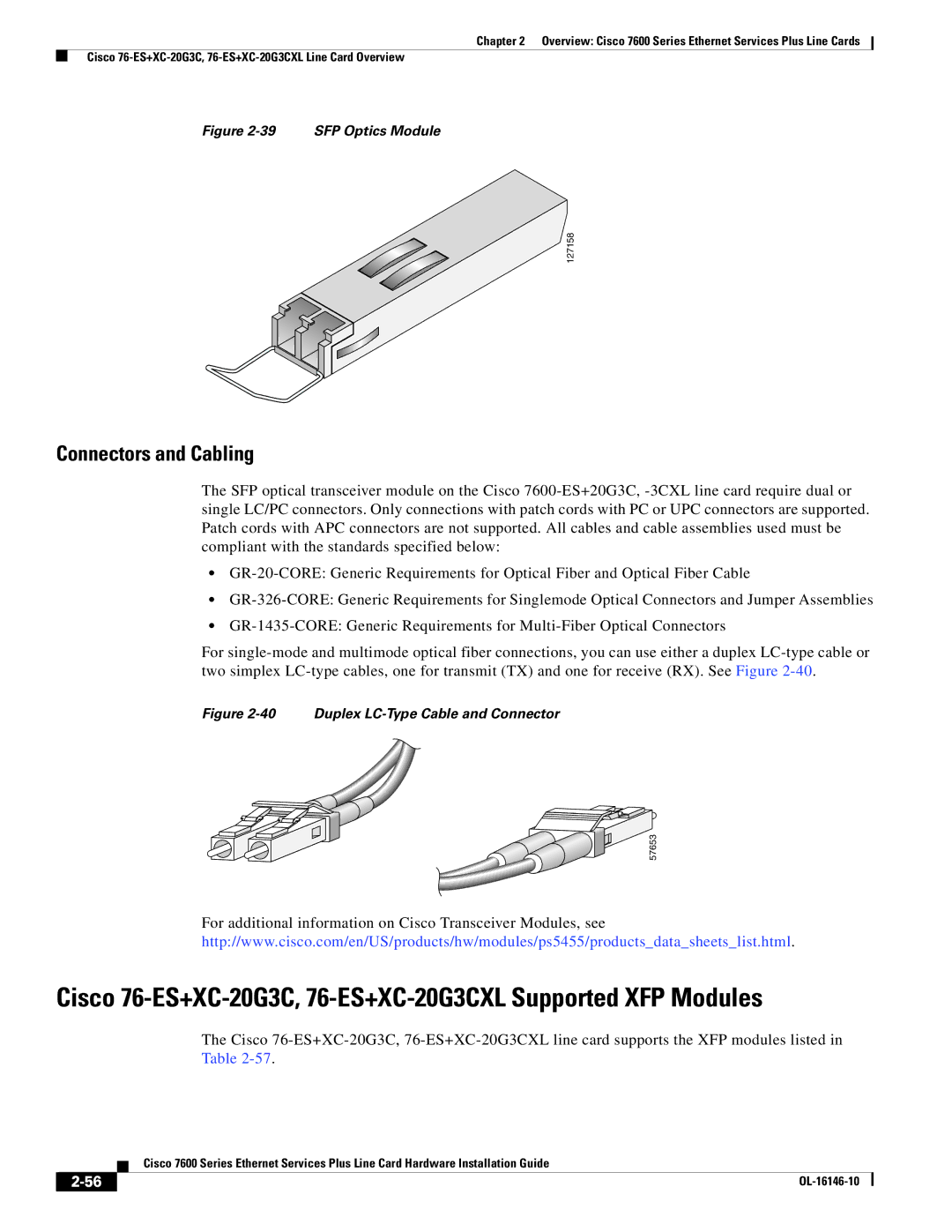 Cisco Systems OL-16146-10 manual Cisco 76-ES+XC-20G3C, 76-ES+XC-20G3CXL Supported XFP Modules 