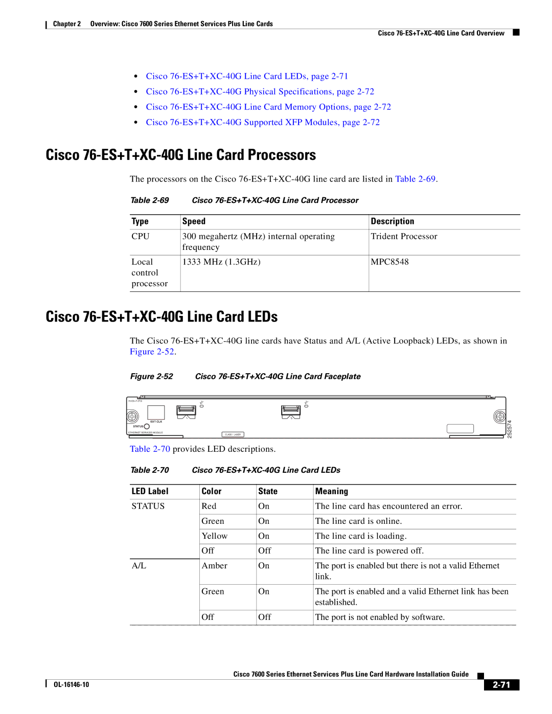 Cisco Systems OL-16146-10 manual Cisco 76-ES+T+XC-40G Line Card Processors, Cisco 76-ES+T+XC-40G Line Card LEDs 