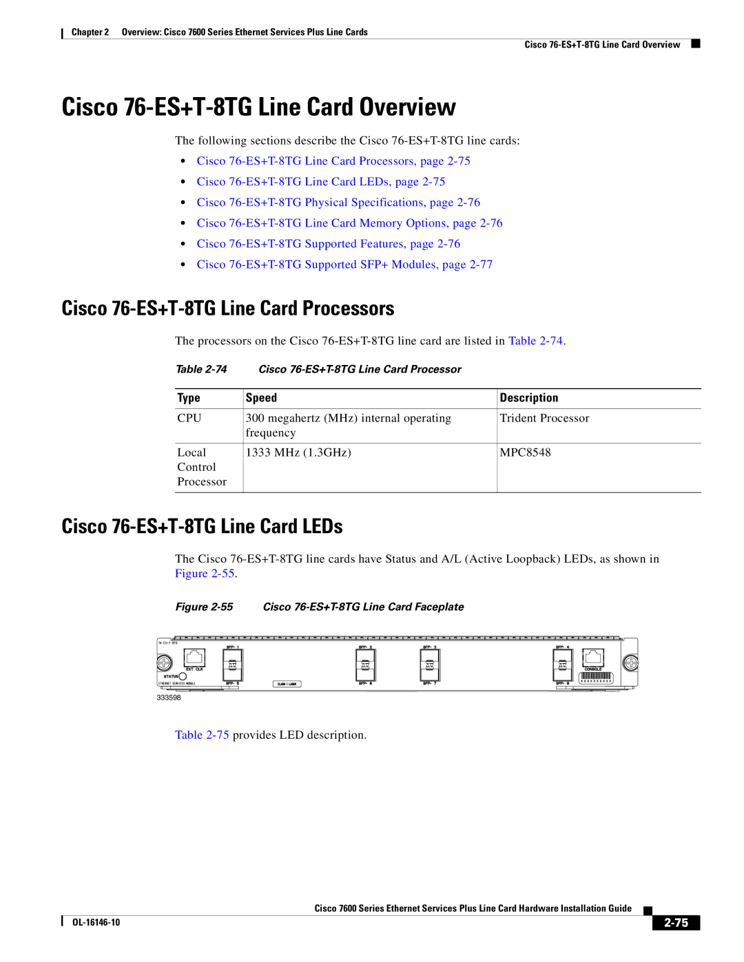 Cisco Systems OL-16146-10 manual Cisco 76-ES+T-8TG Line Card Overview, Cisco 76-ES+T-8TG Line Card Processors 