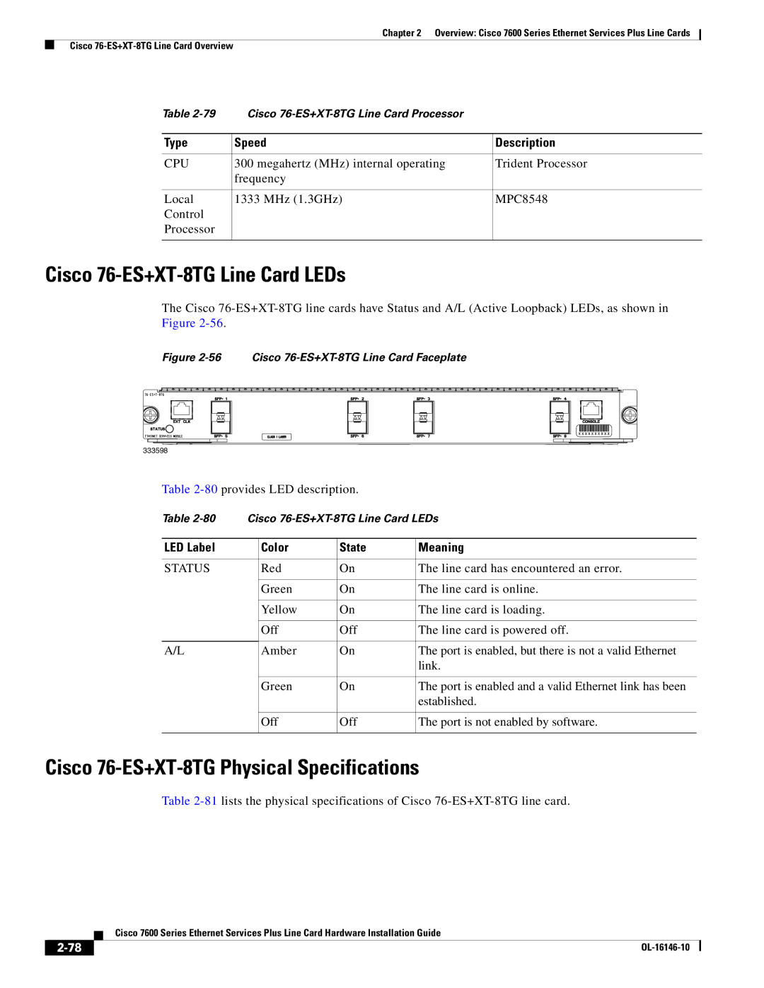 Cisco Systems OL-16146-10 manual Cisco 76-ES+XT-8TG Line Card LEDs, Cisco 76-ES+XT-8TG Physical Specifications 