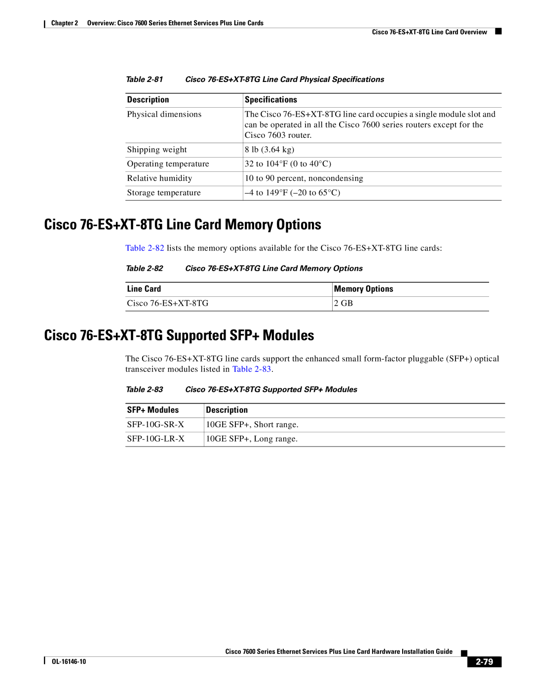 Cisco Systems OL-16146-10 manual Cisco 76-ES+XT-8TG Line Card Memory Options, Cisco 76-ES+XT-8TG Supported SFP+ Modules 