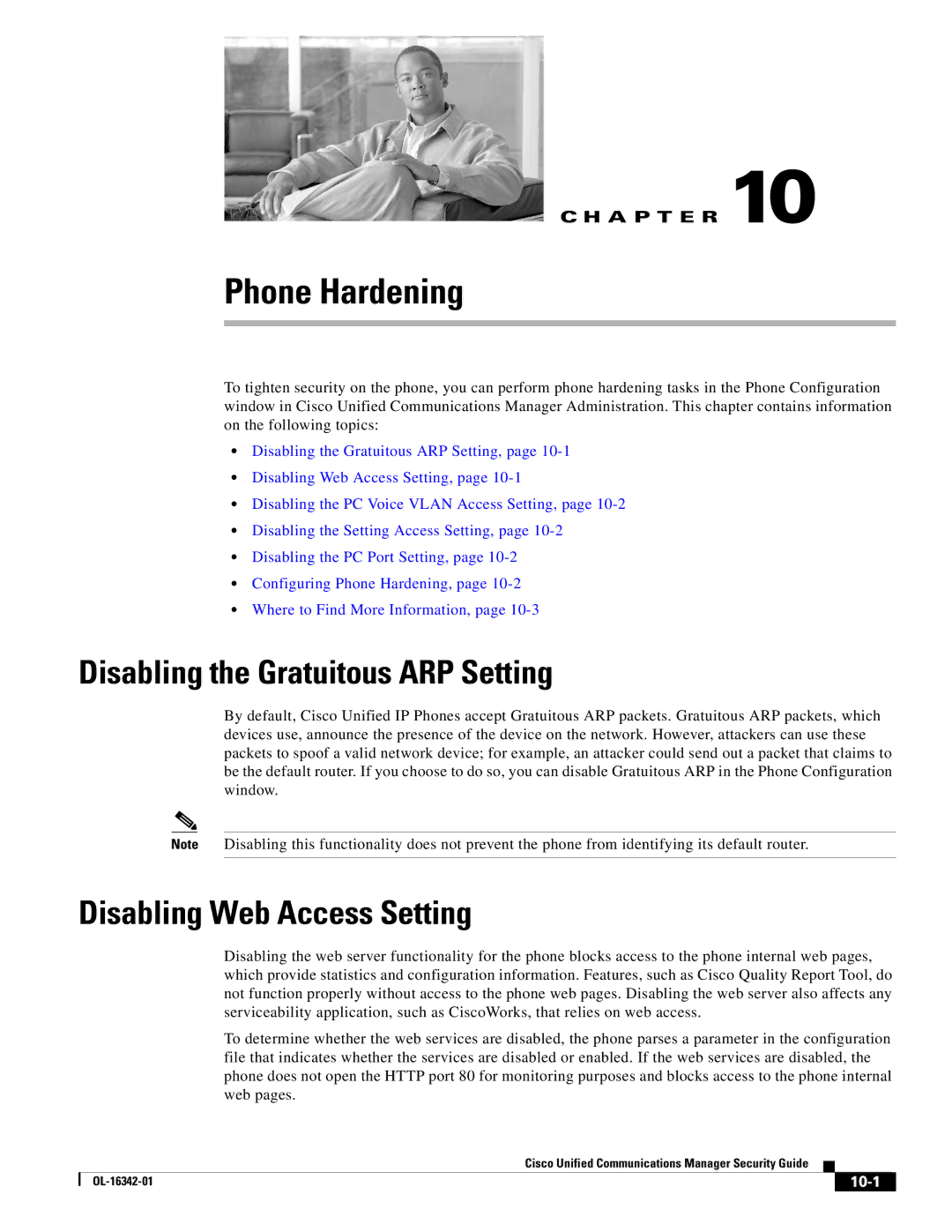 Cisco Systems OL-16342-01 manual Disabling the Gratuitous ARP Setting, Disabling Web Access Setting, 10-1 