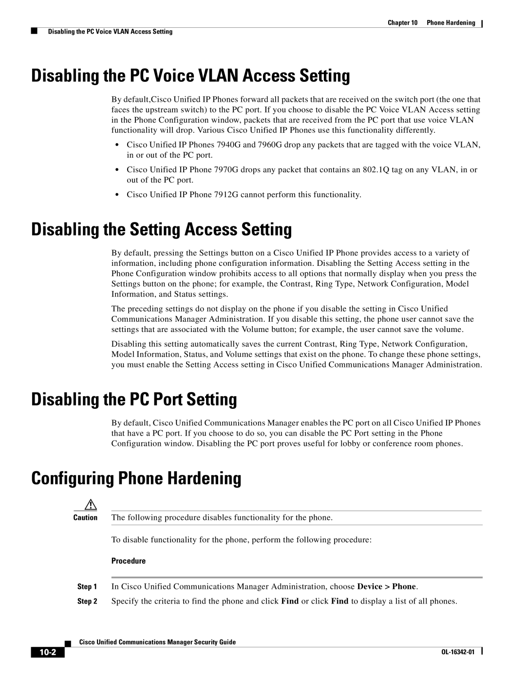 Cisco Systems OL-16342-01 manual Disabling the PC Voice Vlan Access Setting, Disabling the Setting Access Setting, 10-2 