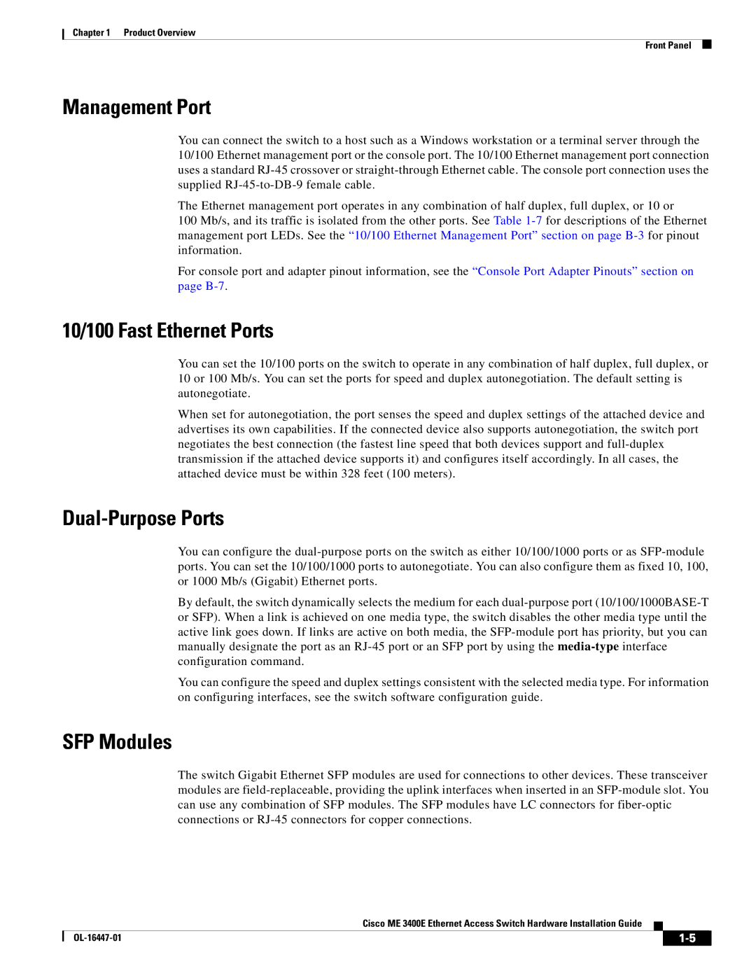 Cisco Systems OL-16447-01 manual Management Port, 10/100 Fast Ethernet Ports, Dual-Purpose Ports, SFP Modules 