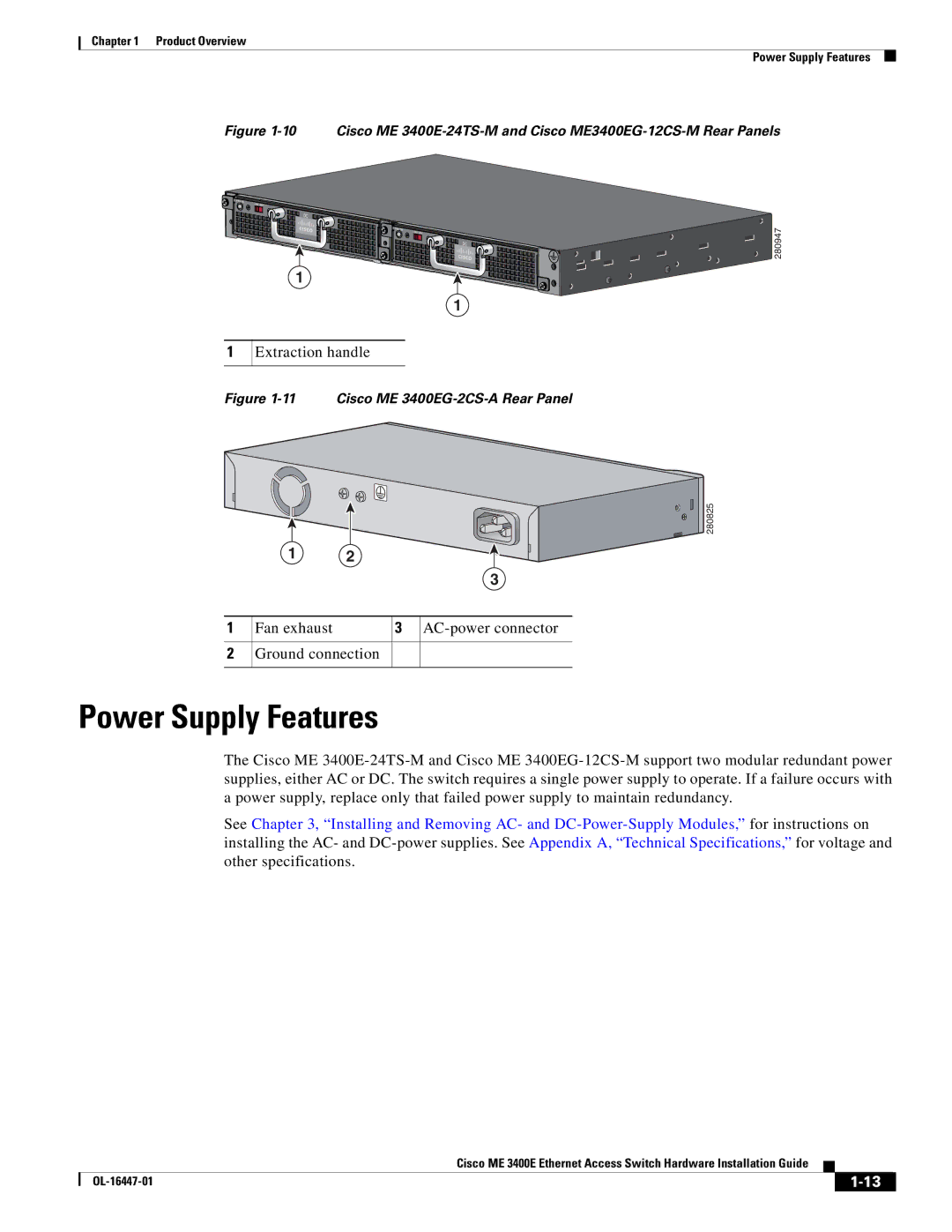 Cisco Systems OL-16447-01 manual Power Supply Features, Cisco ME 3400EG-2CS-A Rear Panel 