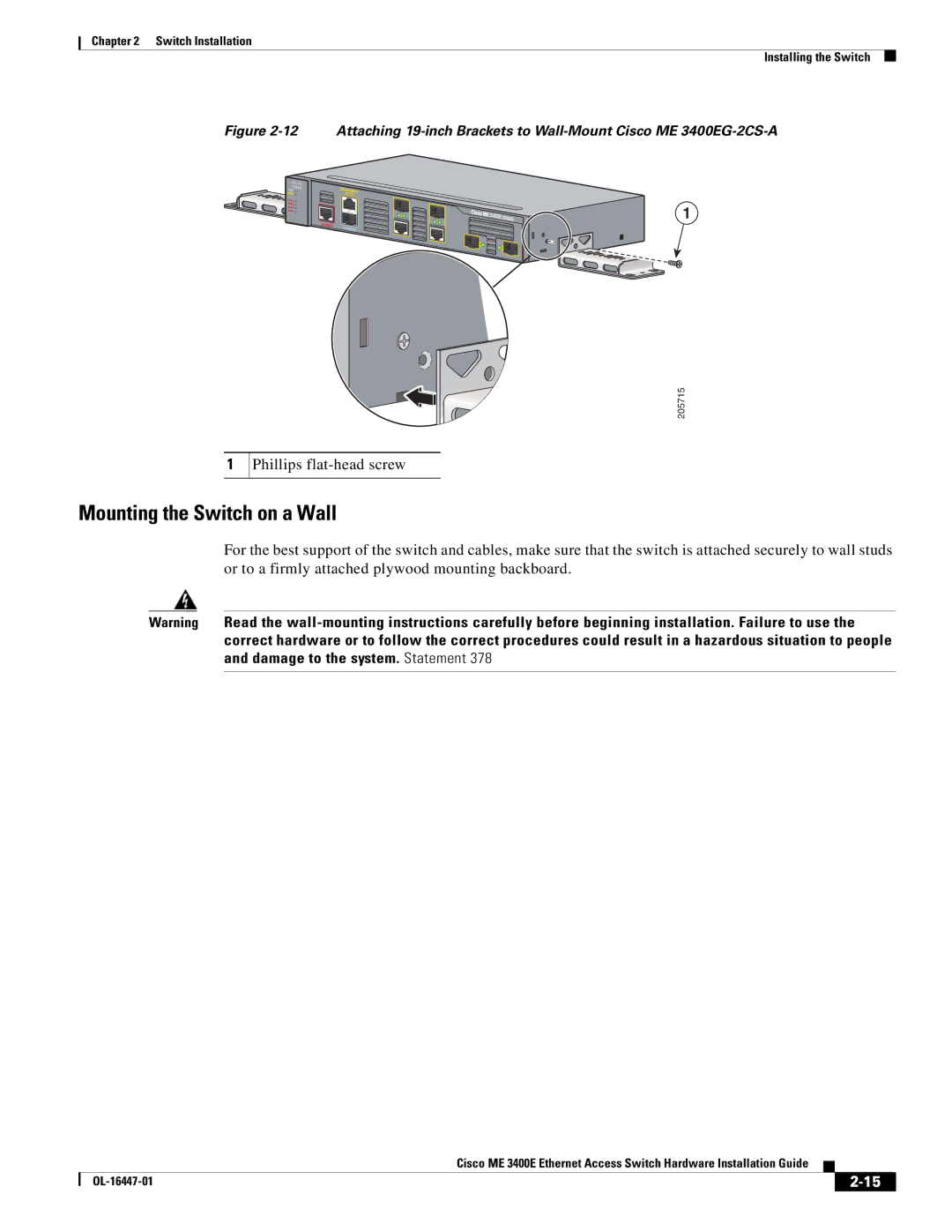 Cisco Systems OL-16447-01 manual Mounting the Switch on a Wall 