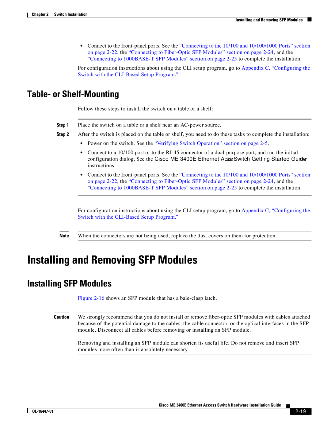 Cisco Systems OL-16447-01 manual Installing and Removing SFP Modules, Table- or Shelf-Mounting, Installing SFP Modules 