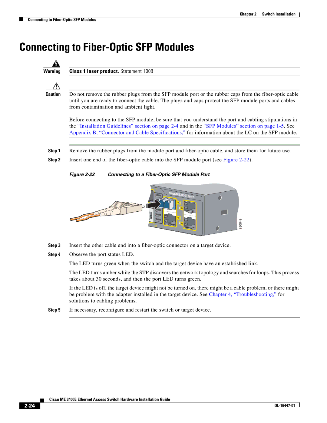 Cisco Systems OL-16447-01 manual Connecting to Fiber-Optic SFP Modules, Connecting to a Fiber-Optic SFP Module Port 