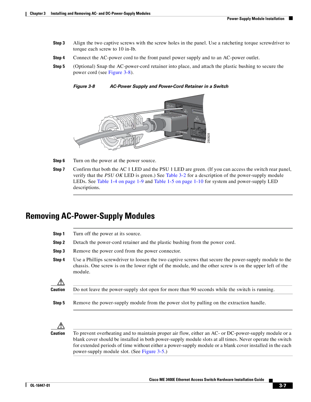 Cisco Systems OL-16447-01 manual Removing AC-Power-Supply Modules, AC-Power Supply and Power-Cord Retainer in a Switch 