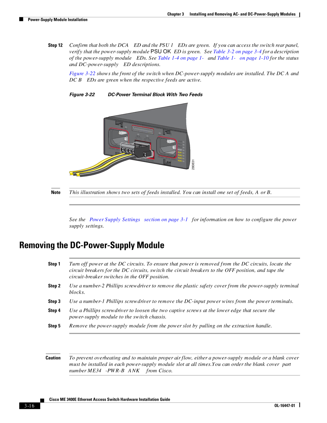 Cisco Systems OL-16447-01 manual Removing the DC-Power-Supply Module, DC-Power Terminal Block With Two Feeds 