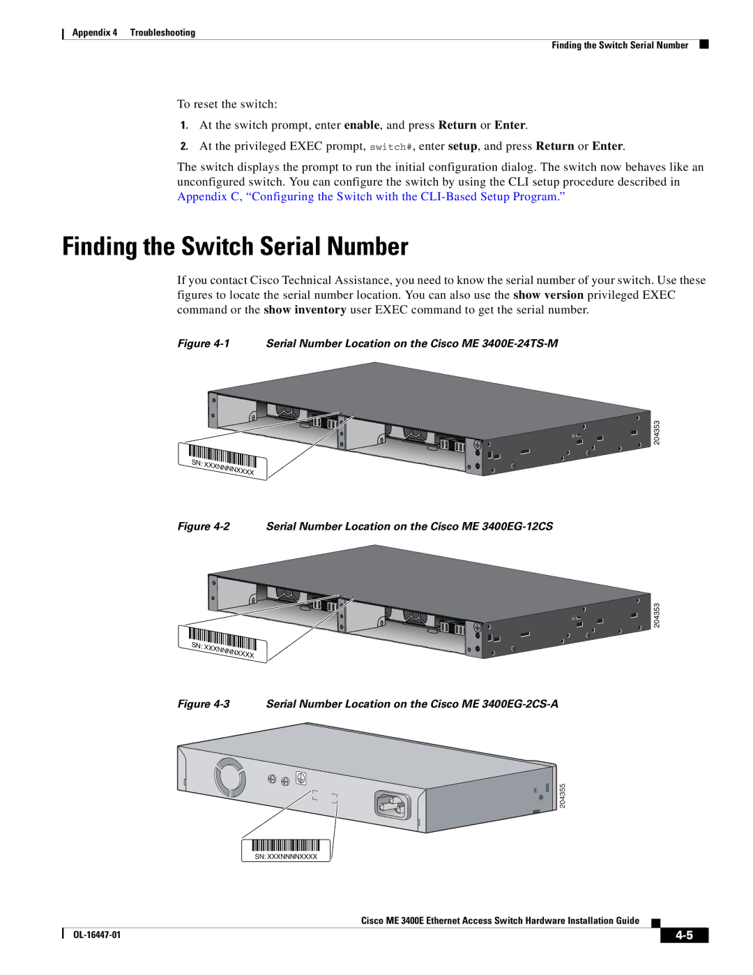 Cisco Systems OL-16447-01 manual Finding the Switch Serial Number, Serial Number Location on the Cisco ME 3400E-24TS-M 