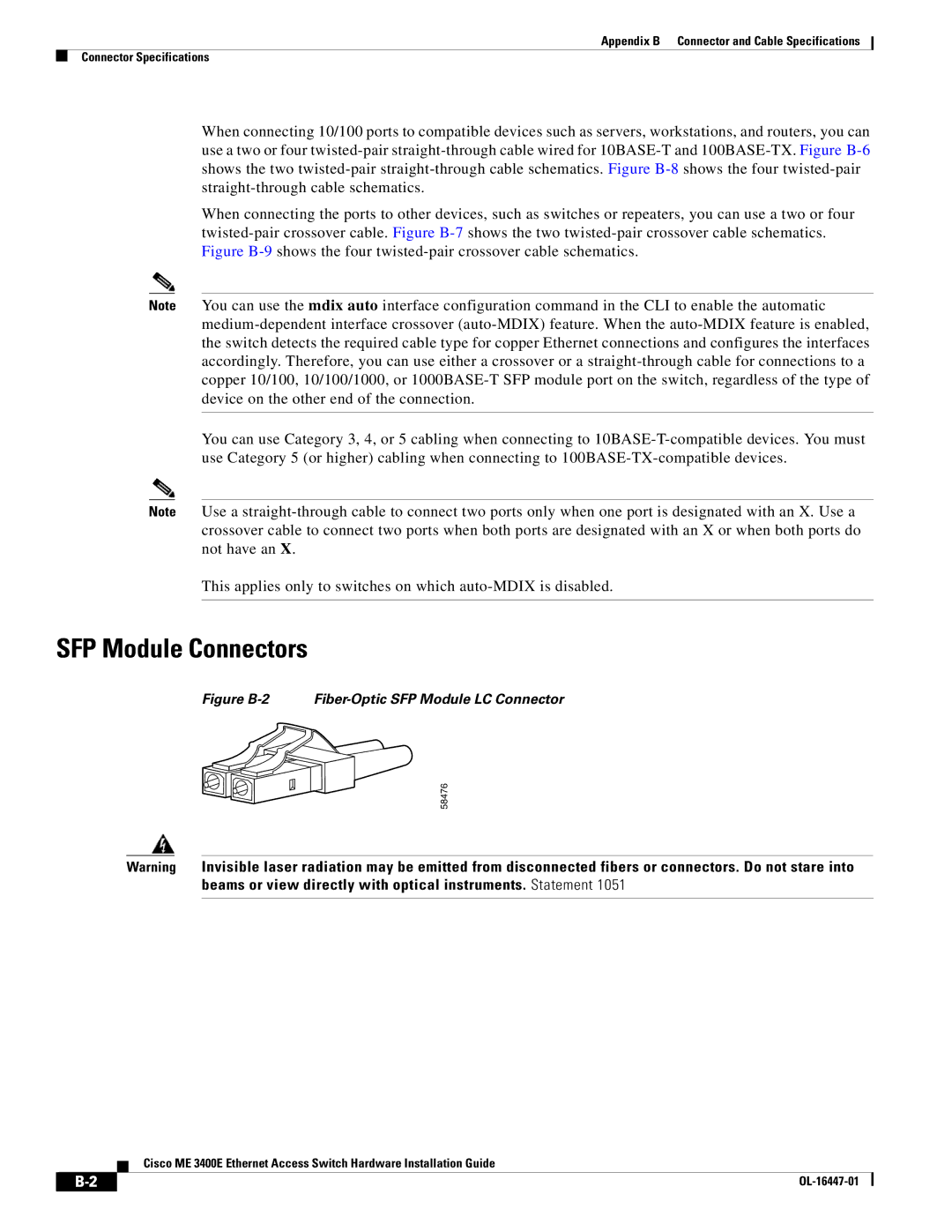 Cisco Systems OL-16447-01 manual SFP Module Connectors, Figure B-2 Fiber-Optic SFP Module LC Connector 