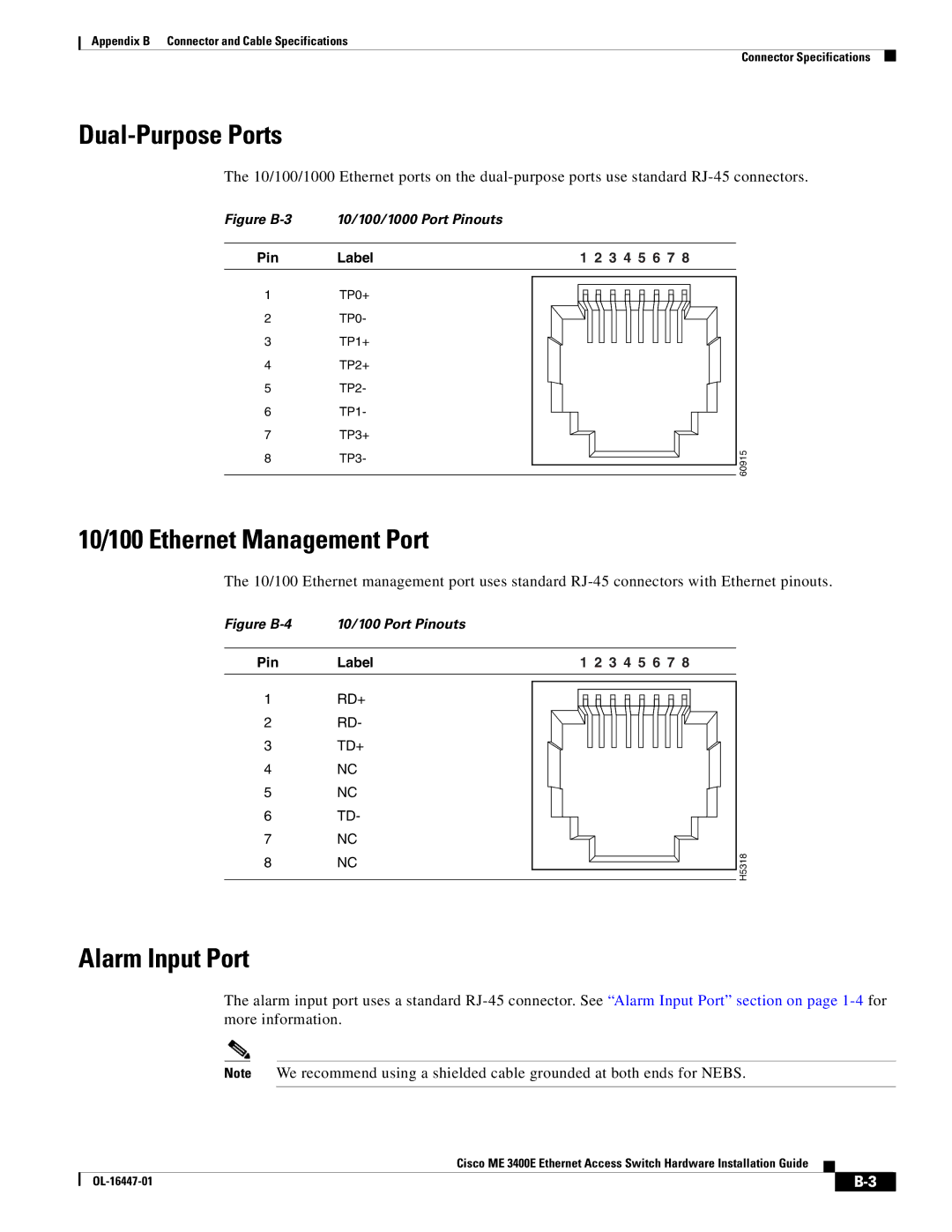 Cisco Systems OL-16447-01 manual 10/100 Ethernet Management Port, Figure B-3 10/100/1000 Port Pinouts 