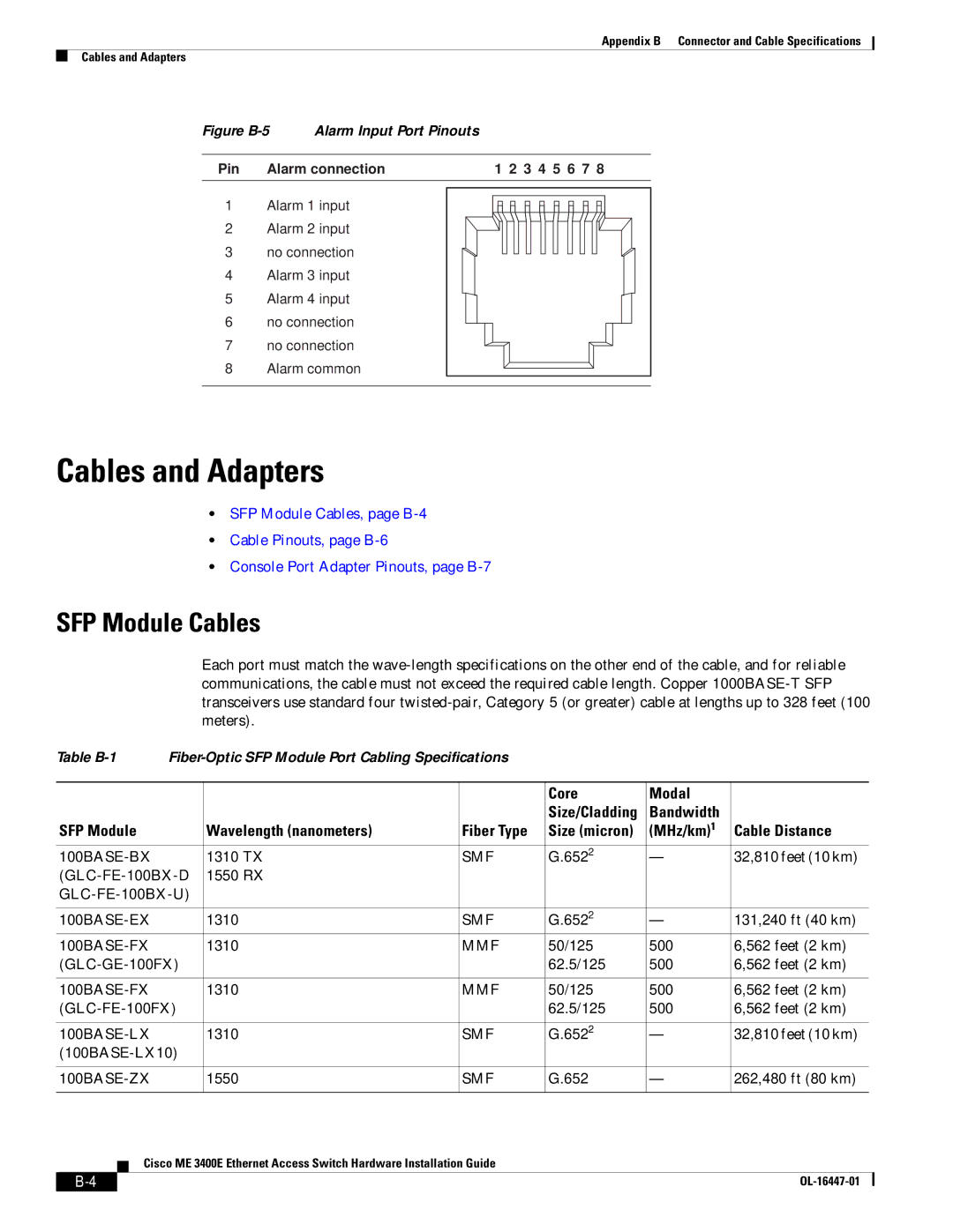 Cisco Systems OL-16447-01 manual Cables and Adapters, SFP Module Cables, Core Modal, MHz/km1 Cable Distance 