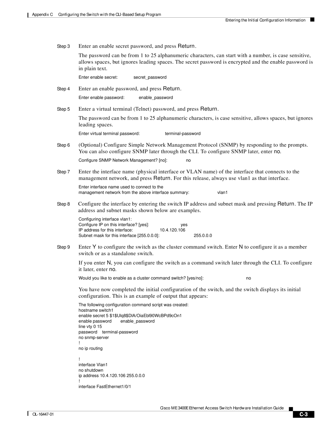 Cisco Systems OL-16447-01 manual Enter an enable secret password, and press Return 