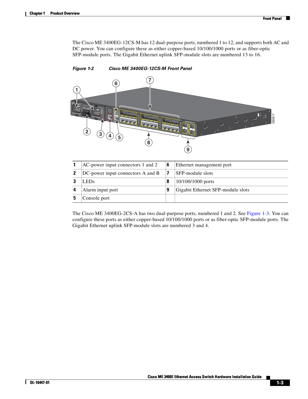 Cisco Systems OL-16447-01 manual 2 Cisco ME 3400EG-12CS-M Front Panel 