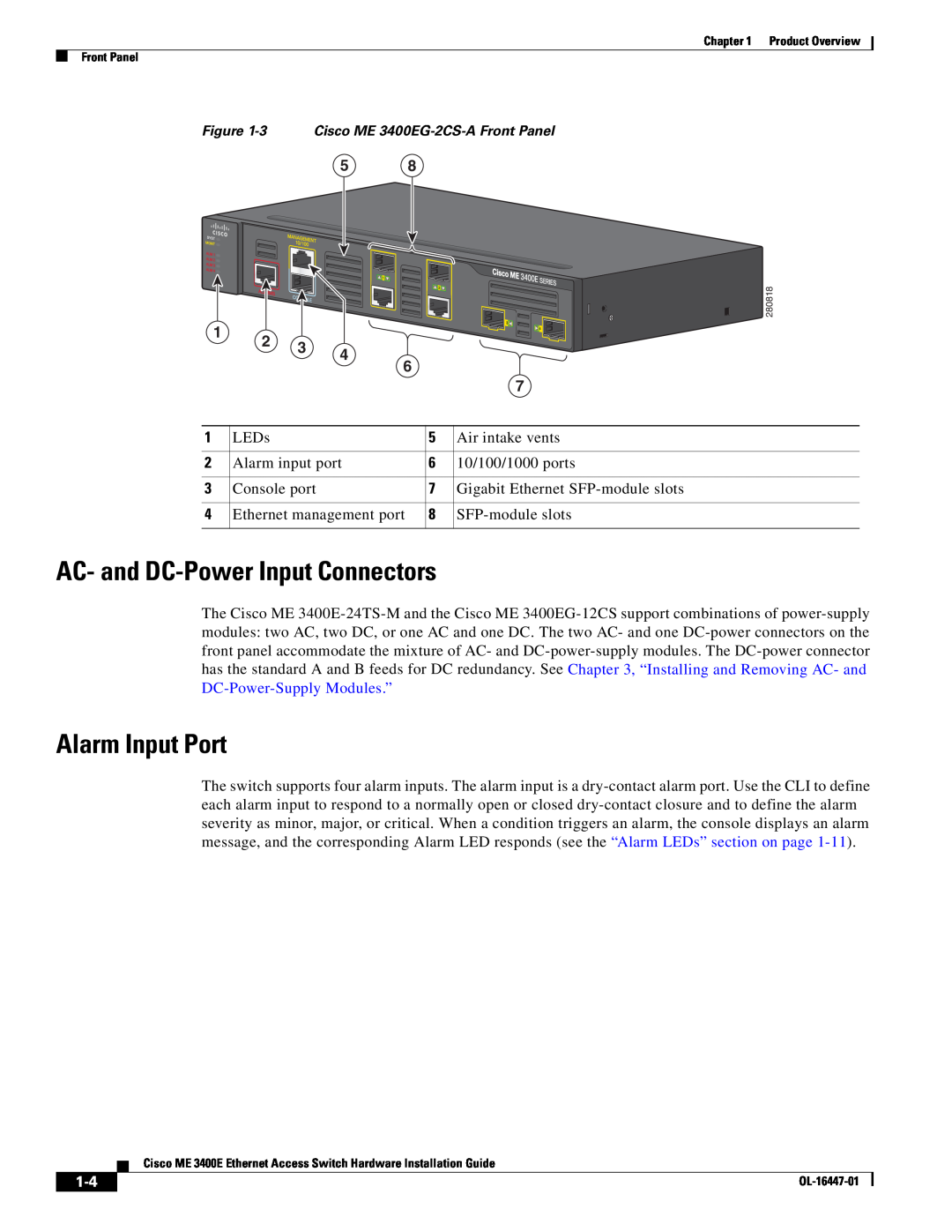 Cisco Systems OL-16447-01 manual AC- and DC-Power Input Connectors, Alarm Input Port, 3 Cisco ME 3400EG-2CS-A Front Panel 