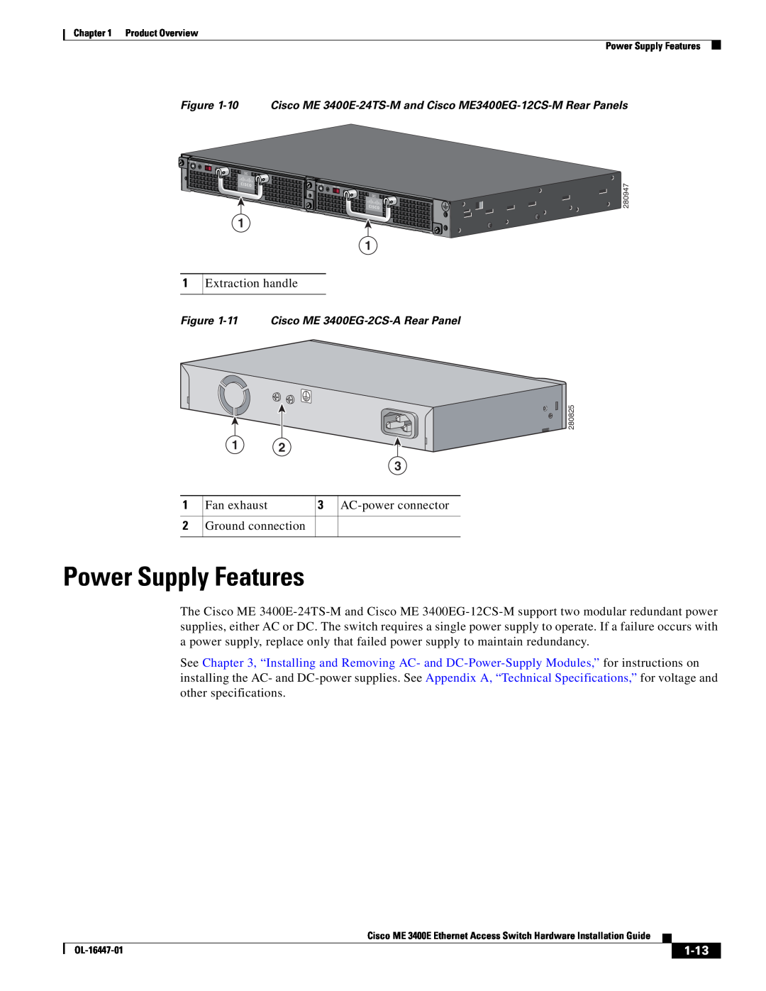 Cisco Systems OL-16447-01 manual Power Supply Features, 1-13 