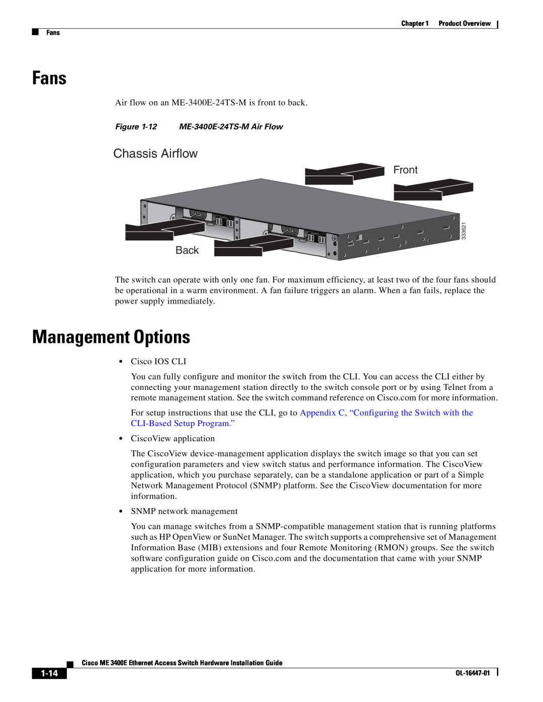 Cisco Systems OL-16447-01 manual Fans, Management Options, 1-14, Chassis Airflow, Front, Back 