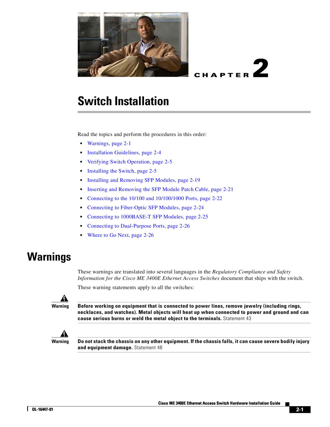 Cisco Systems OL-16447-01 manual Switch Installation, Warnings, page Installation Guidelines, page, C H A P T E R 