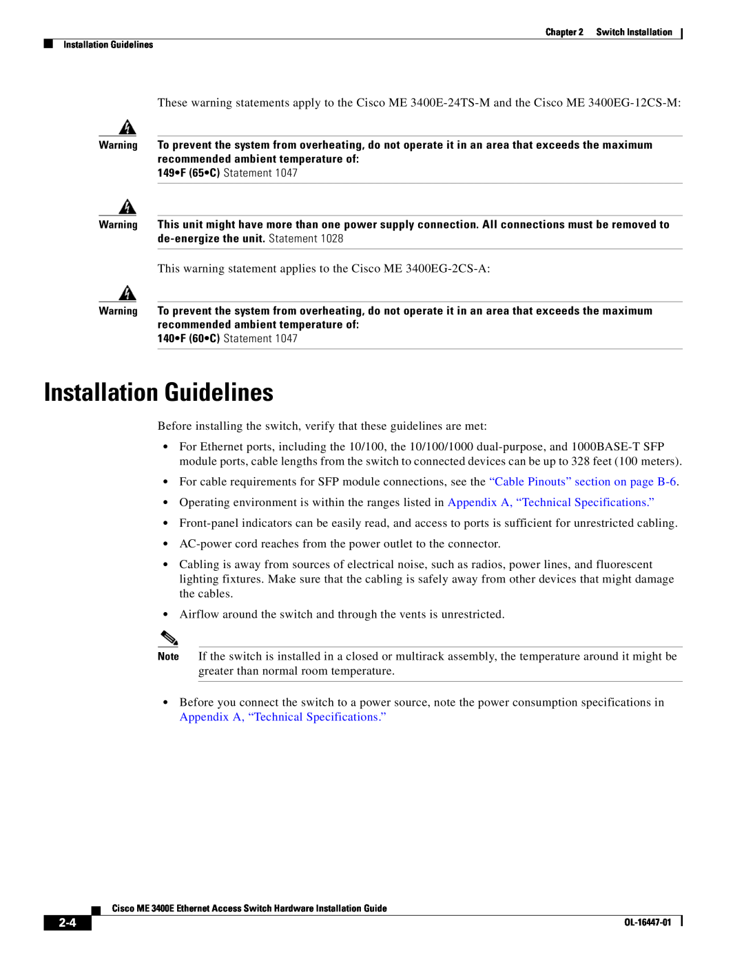 Cisco Systems OL-16447-01 manual Installation Guidelines, 149F 65C Statement, 140F 60C Statement 