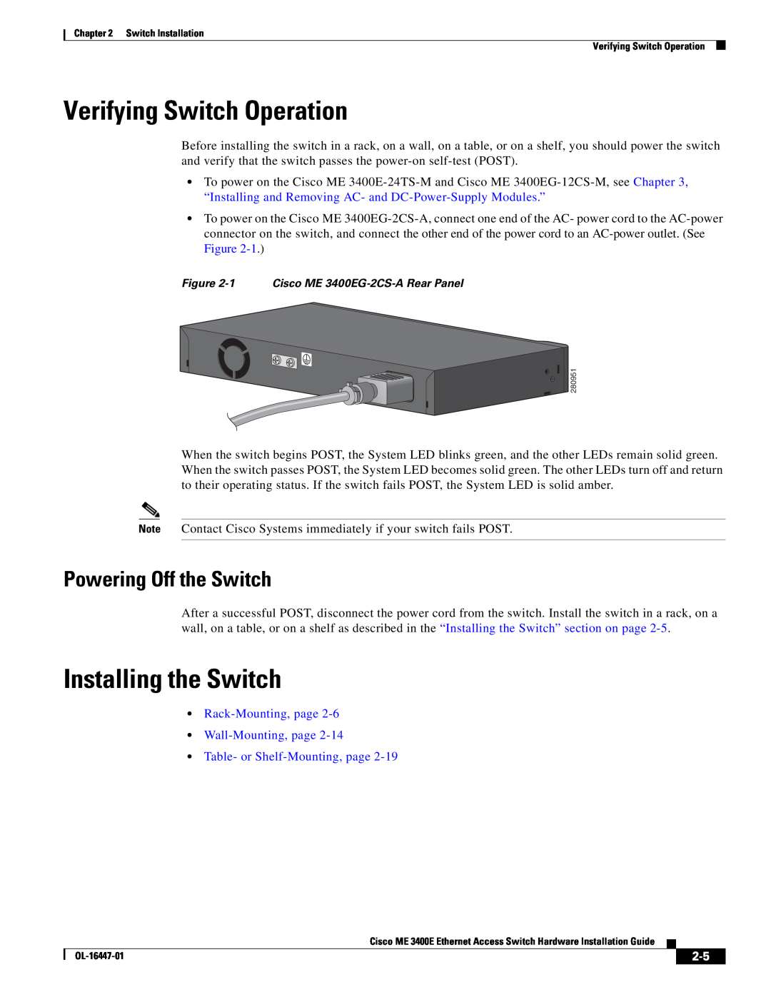 Cisco Systems OL-16447-01 manual Verifying Switch Operation, Installing the Switch, Powering Off the Switch 