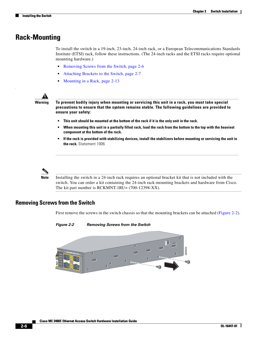 Cisco Systems OL-16447-01 manual Rack-Mounting, Removing Screws from the Switch, page 