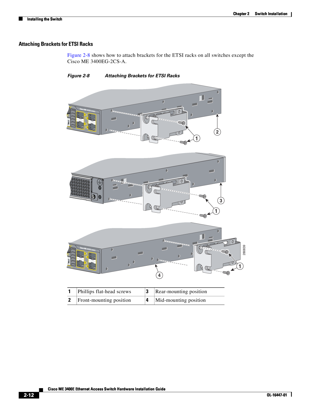 Cisco Systems OL-16447-01 2-12, 8 Attaching Brackets for ETSI Racks, Switch Installation Installing the Switch, 280839 