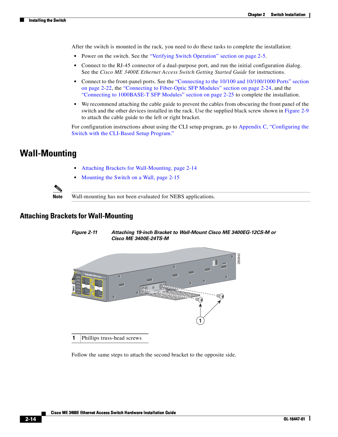 Cisco Systems OL-16447-01 Attaching Brackets for Wall-Mounting, page, Mounting the Switch on a Wall, page, 2-14 
