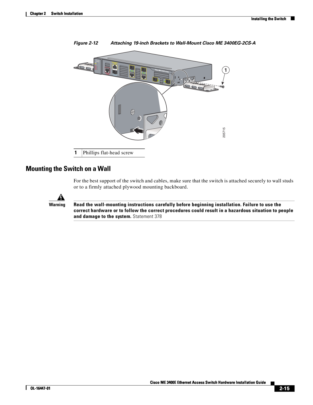 Cisco Systems OL-16447-01 manual Mounting the Switch on a Wall, 2-15, Phillips flat-head screw 