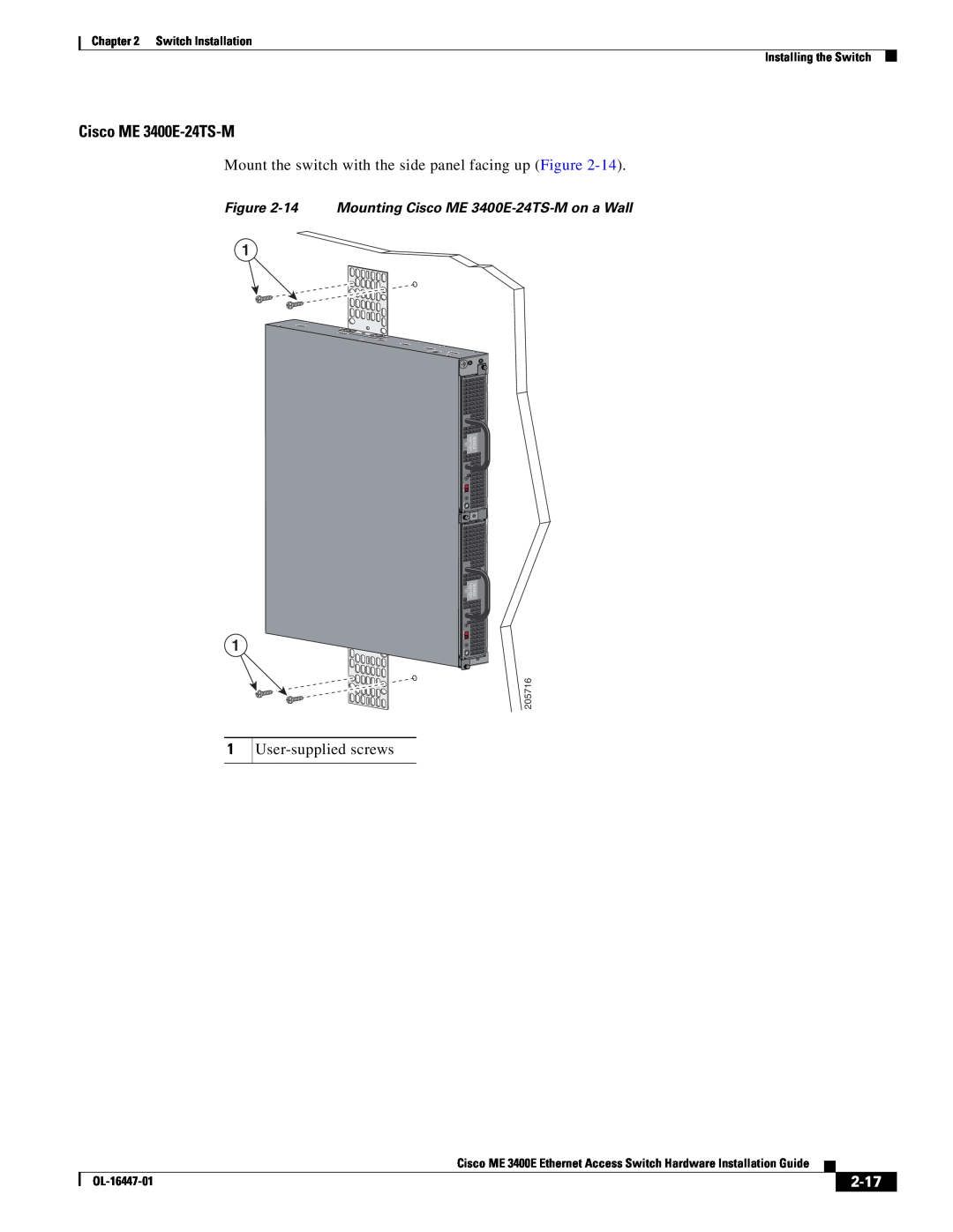 Cisco Systems OL-16447-01 2-17, 14 Mounting Cisco ME 3400E-24TS-M on a Wall, Switch Installation Installing the Switch 