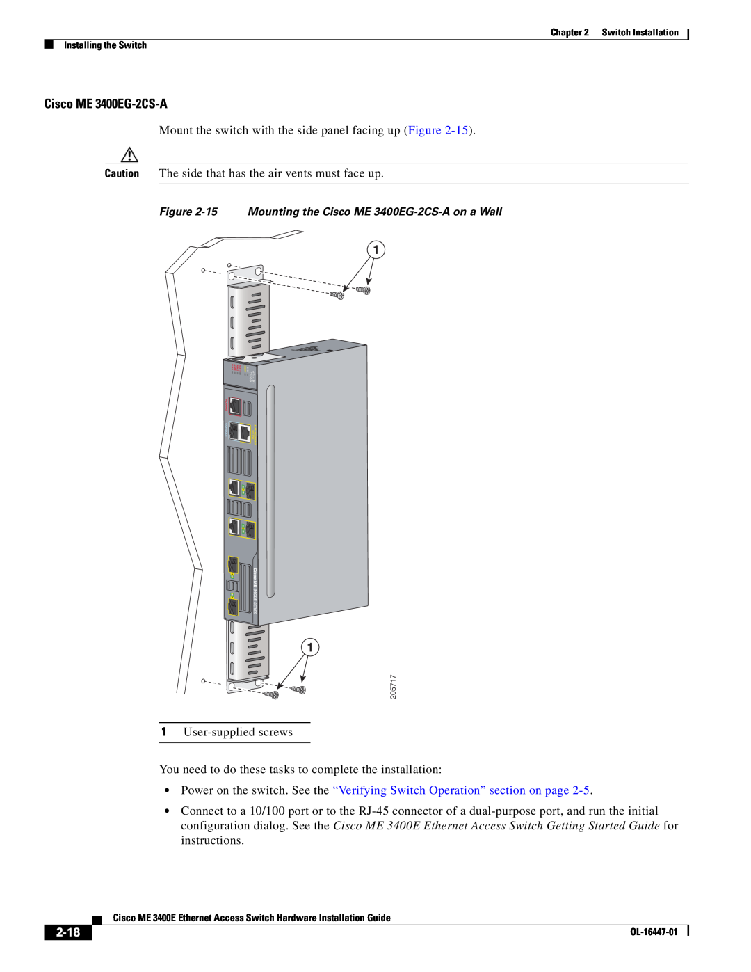 Cisco Systems OL-16447-01 manual 2-18, 15 Mounting the Cisco ME 3400EG-2CS-A on a Wall 