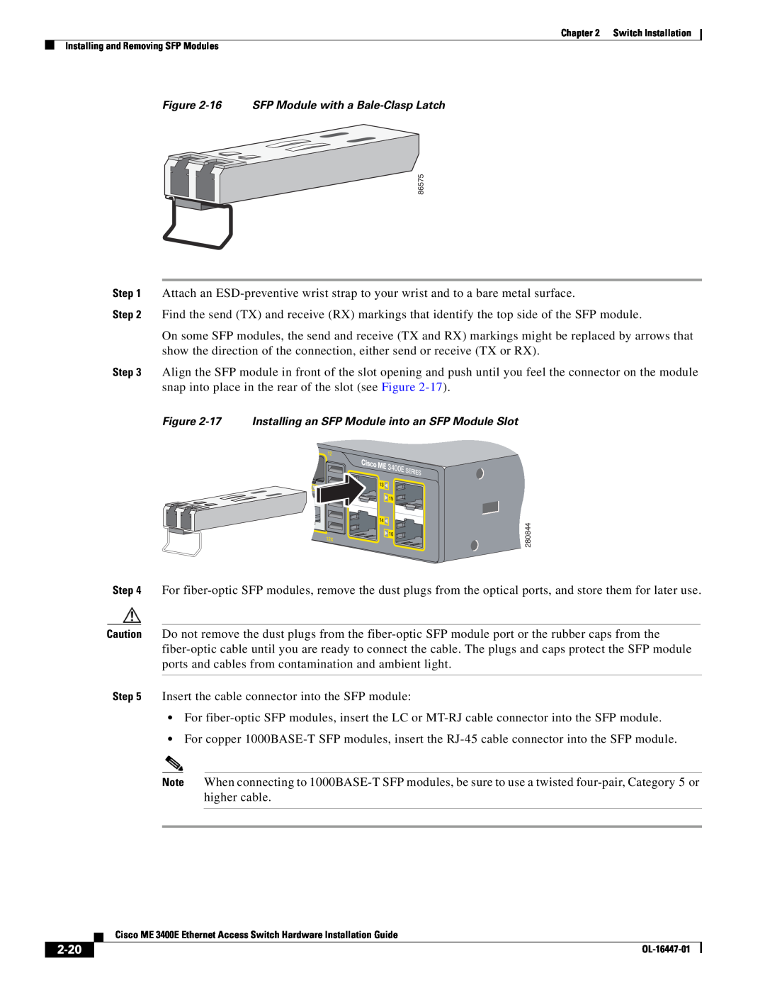 Cisco Systems OL-16447-01 manual 2-20, Insert the cable connector into the SFP module 