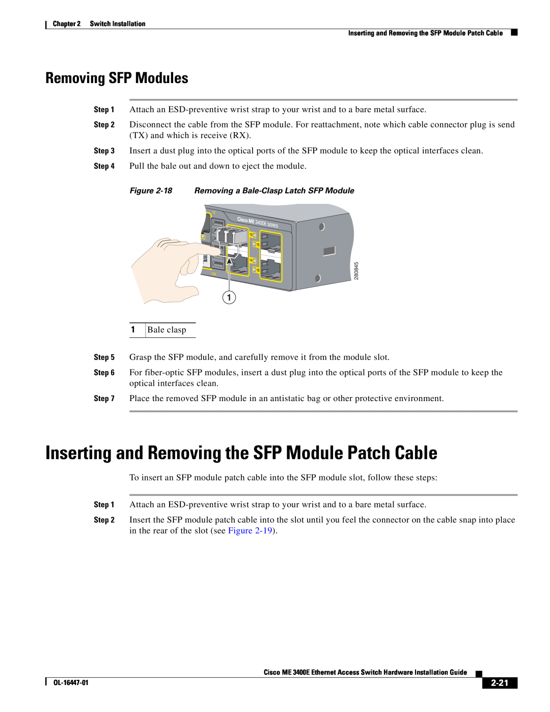 Cisco Systems OL-16447-01 manual Inserting and Removing the SFP Module Patch Cable, Removing SFP Modules, 2-21 