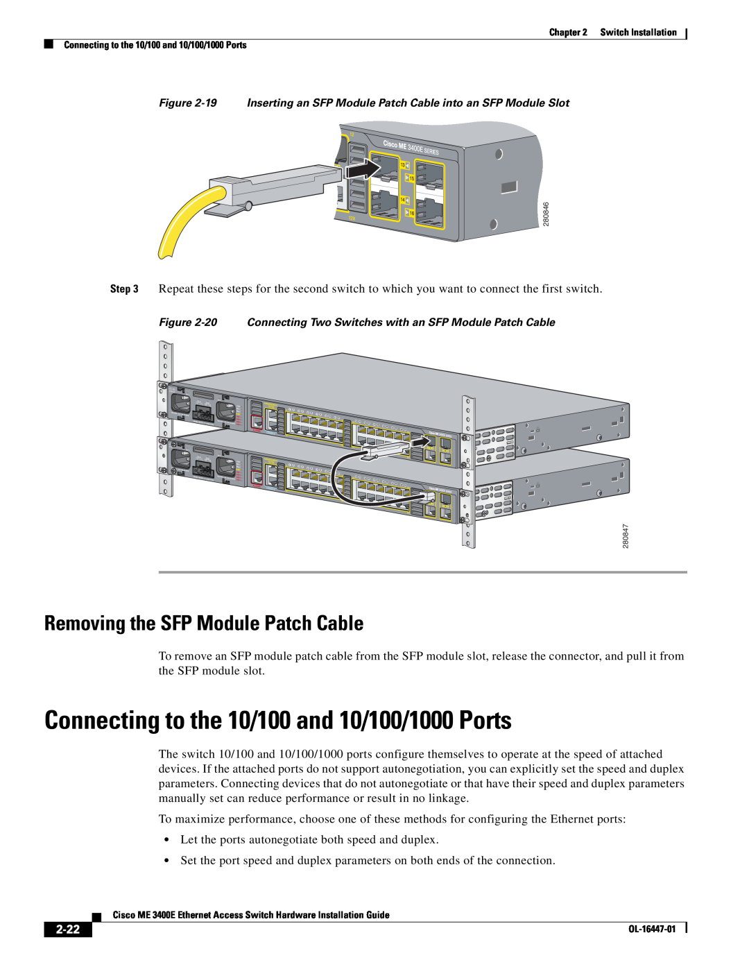 Cisco Systems OL-16447-01 manual Connecting to the 10/100 and 10/100/1000 Ports, Removing the SFP Module Patch Cable, 2-22 