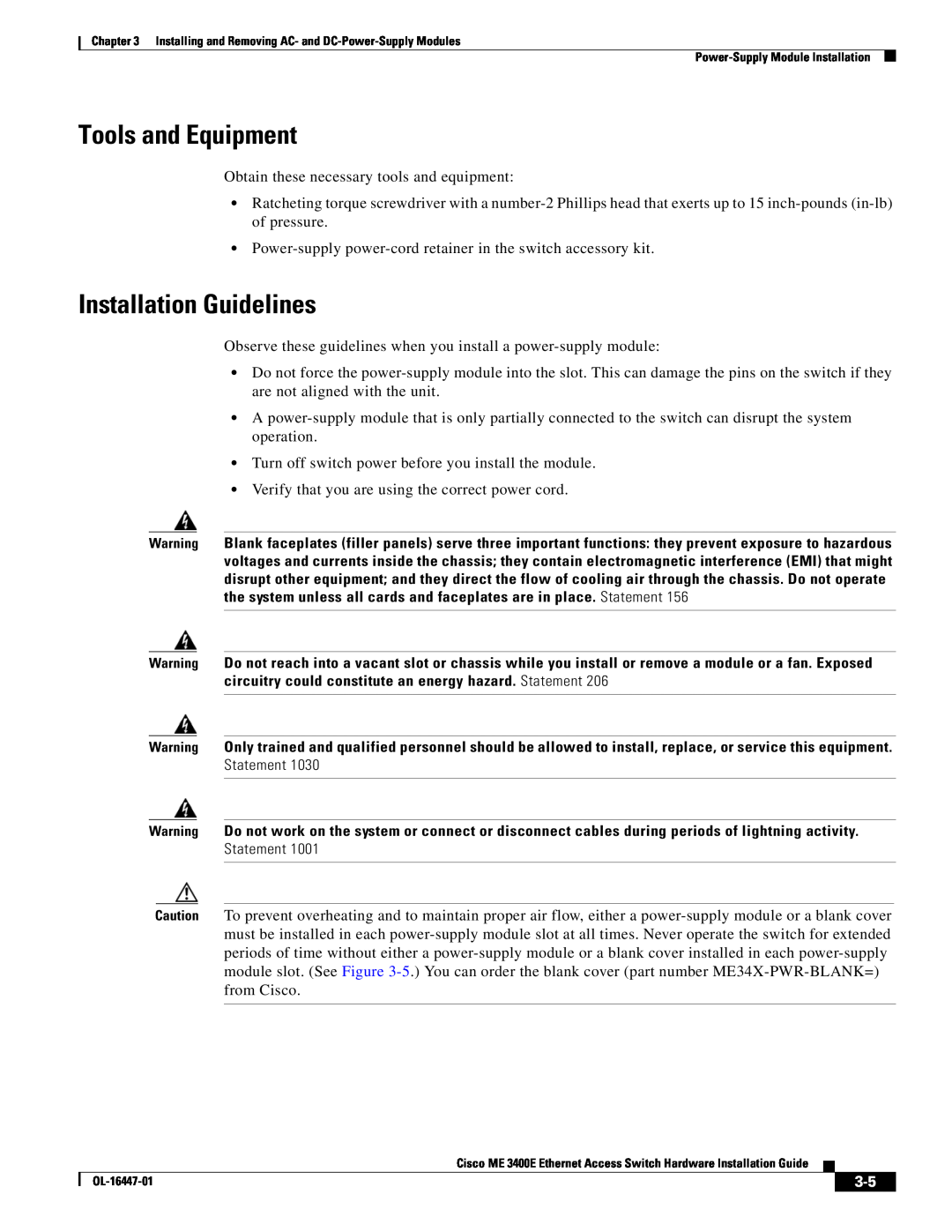 Cisco Systems OL-16447-01 manual Tools and Equipment, Installation Guidelines 
