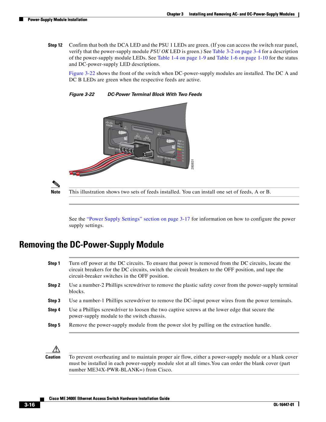 Cisco Systems OL-16447-01 manual Removing the DC-Power-Supply Module, 3-16, 22 DC-Power Terminal Block With Two Feeds 