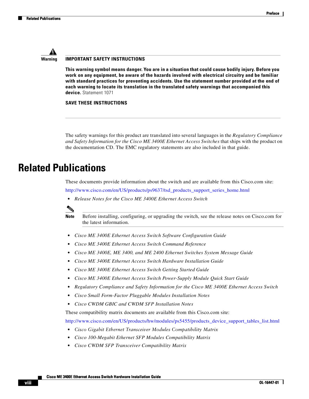 Cisco Systems OL-16447-01 manual Related Publications, Release Notes for the Cisco ME 3400E Ethernet Access Switch, viii 