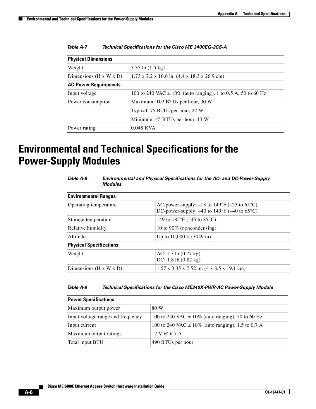 Cisco Systems OL-16447-01 manual Table A-7 Technical Specifications for the Cisco ME 3400EG-2CS-A, Modules, Table A-9 