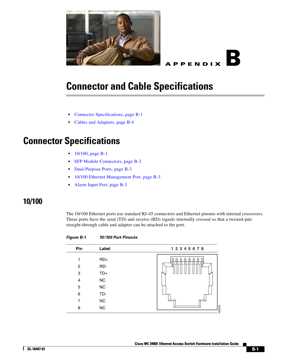 Cisco Systems OL-16447-01 manual Connector and Cable Specifications, Connector Specifications, 10/100, A P P E N D I X B 