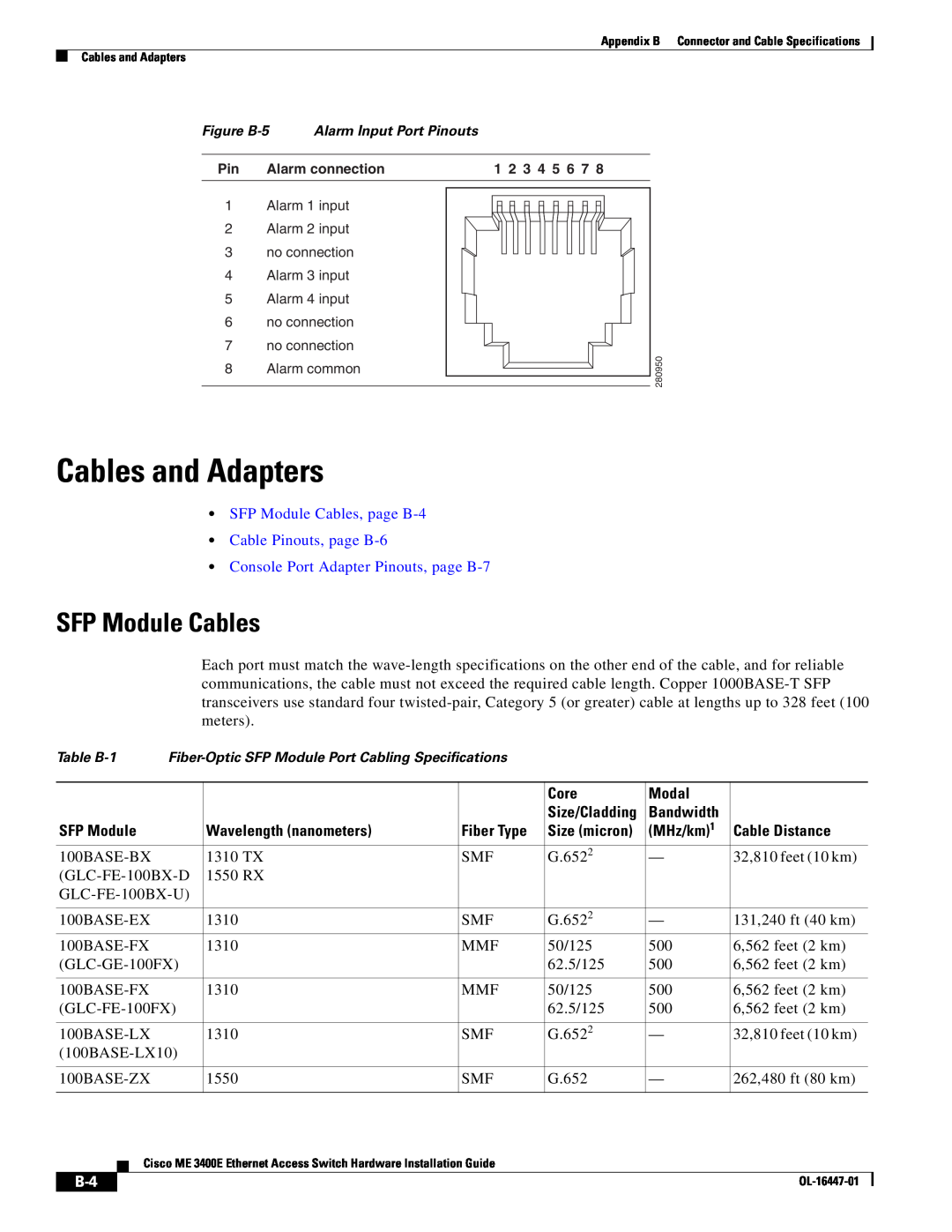 Cisco Systems OL-16447-01 manual Cables and Adapters, SFP Module Cables, page B-4 Cable Pinouts, page B-6 